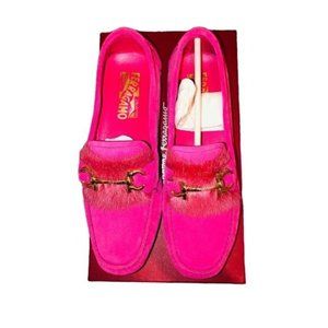 Salvador Ferragamo Womens Pink Parigi Shoes Flats Loafer Drivers Fur Sz 7.5